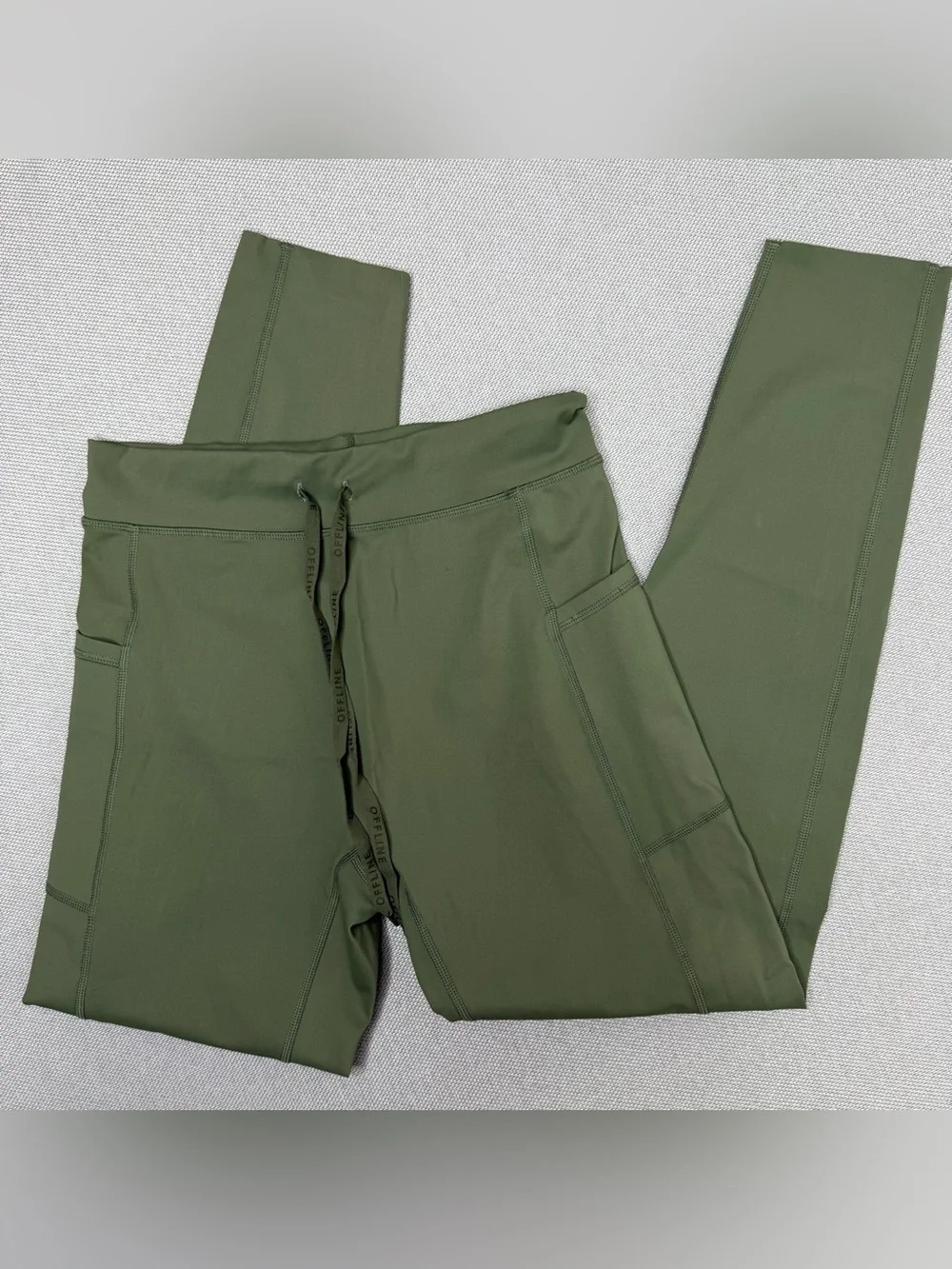 Aerie Offline Leggings Green High Waisted Pockets Drawstring Athleisure Large